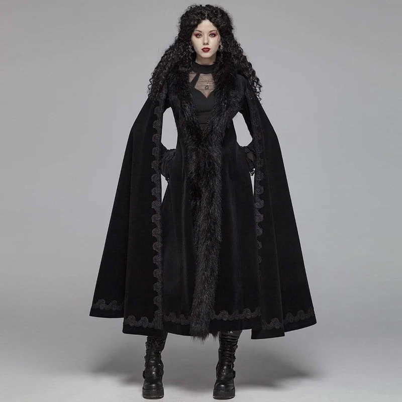 Frauen Goth gestickten Wollmantel Maxi mit Pelzkragen