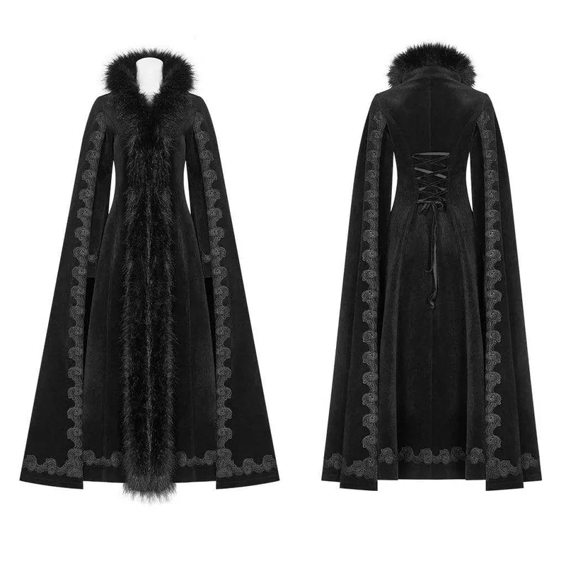 Frauen Goth gestickten Wollmantel Maxi mit Pelzkragen