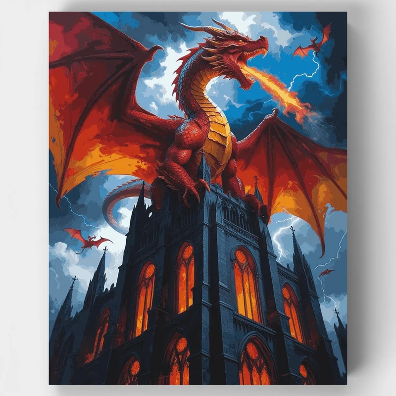 Dragon's Fury Over Gothic Cathedral - Paint by Numbers Kit