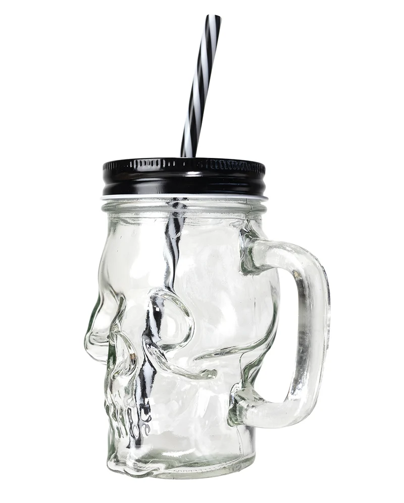 Totenkopf Trinkglas mit Deckel & Strohhalm
