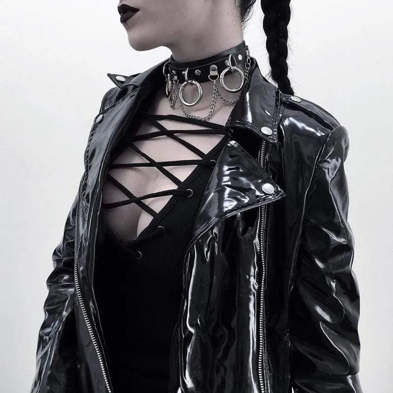 Damen Punk Metall Ketten Kunstleder breites Halsband mit drei Ringen