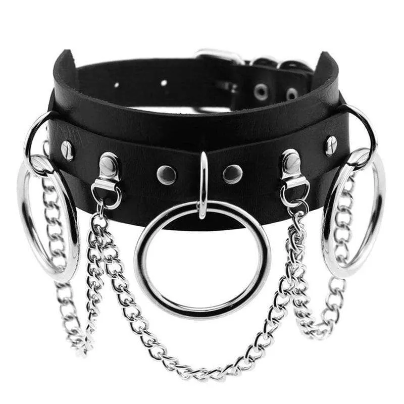 Damen Punk Metall Ketten Kunstleder breites Halsband mit drei Ringen