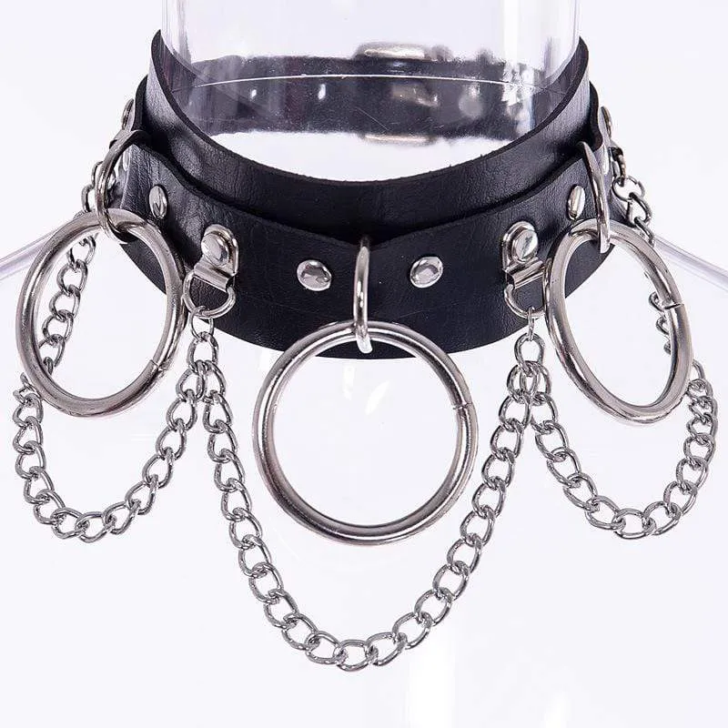 Damen Punk Metall Ketten Kunstleder breites Halsband mit drei Ringen
