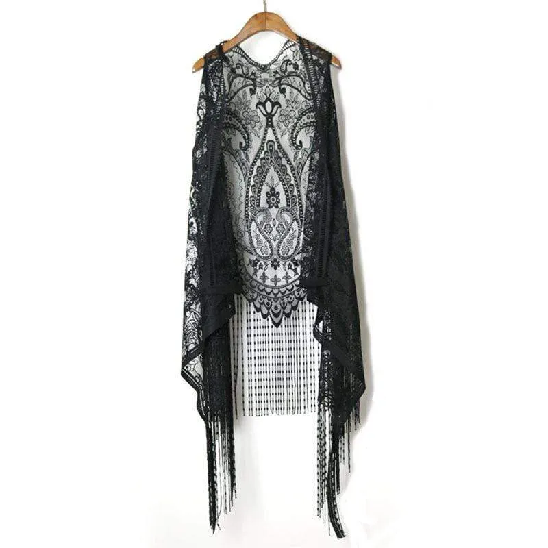 Damen schiere Flare Lace Fransen häkeln schwarze Westen
