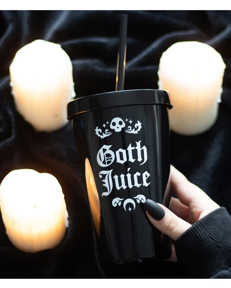 Schwarzer "Goth Juice" Getränkebecher mit Trinkhalm