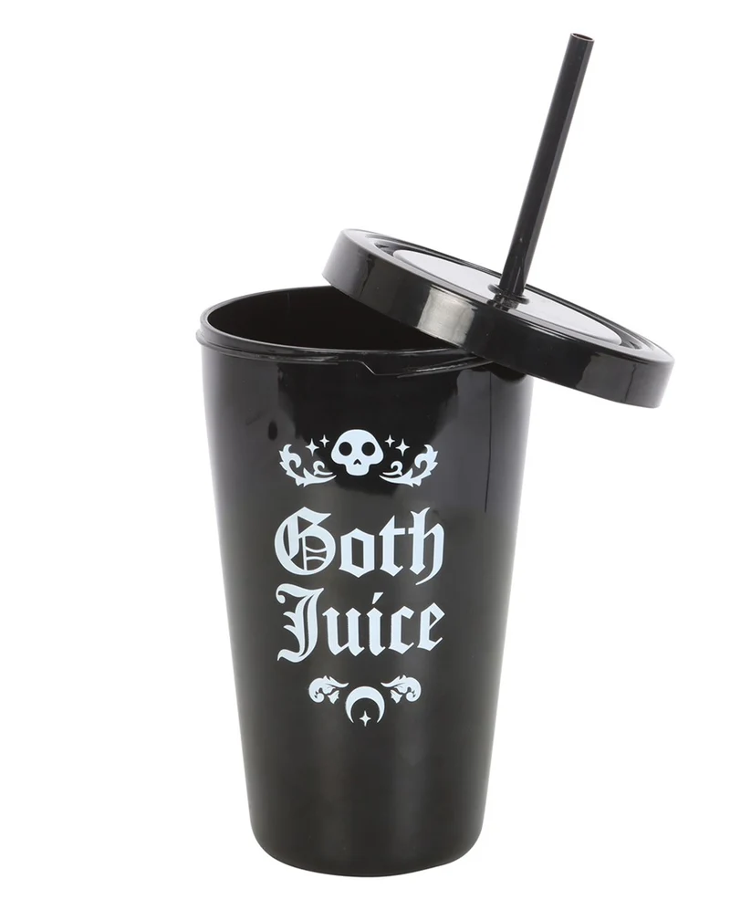 Schwarzer "Goth Juice" Getränkebecher mit Trinkhalm