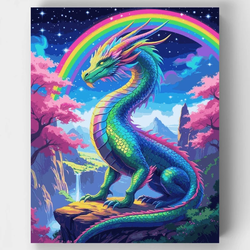 Rainbow Dragon in Cherry Blossom Fantasy - Paint by Numbers Kit