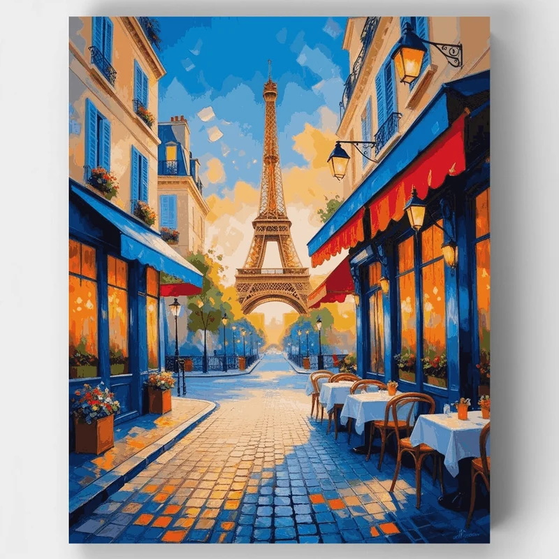 Vibrant Parisian Café Street with Eiffel Tower - Paint by Numbers Kit