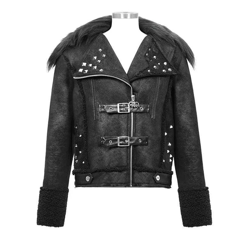 Punk-Winterjacken für Herren mit Pelzbesatz, Umlegekragen, Gürtel und Nieten