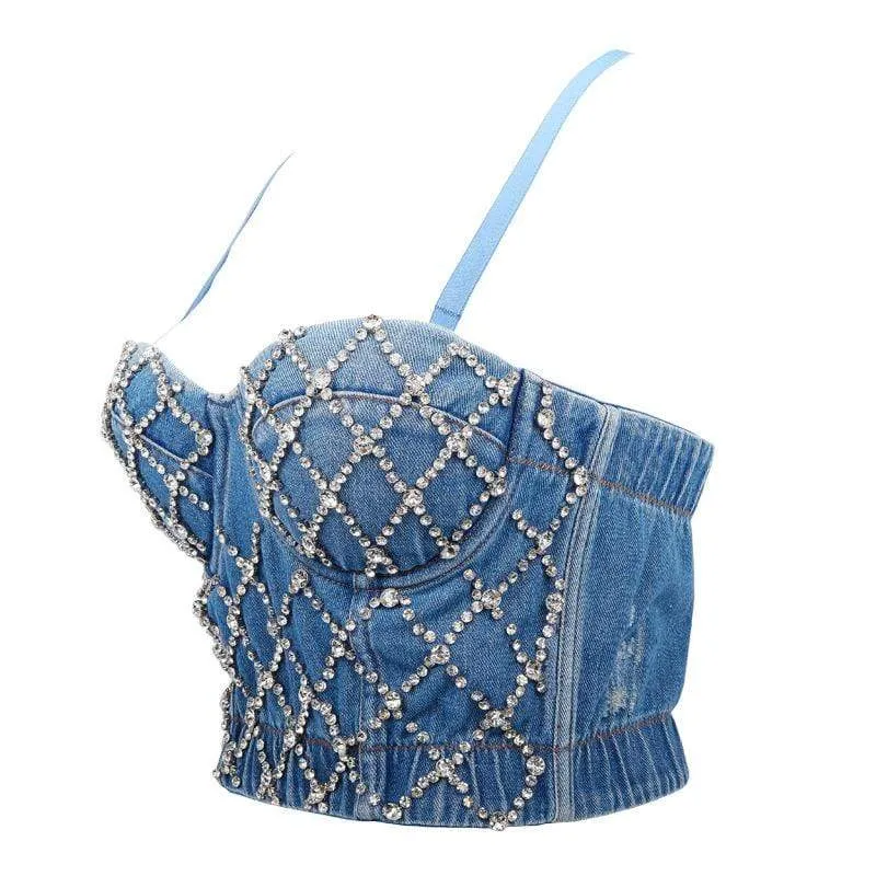 Frauen Grunge Rhomboid Perlen Denim Bustiers