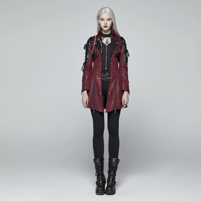 Damen Punk besetzt Kunstleder Reißverschluss rote Jacke