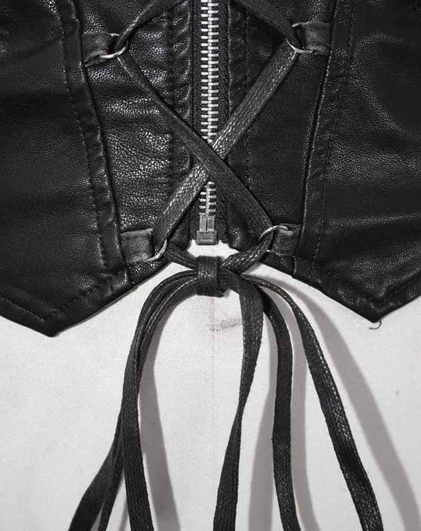 Damen Punk Stehkragen Nieten Schnürung Kunstpelz Jacke