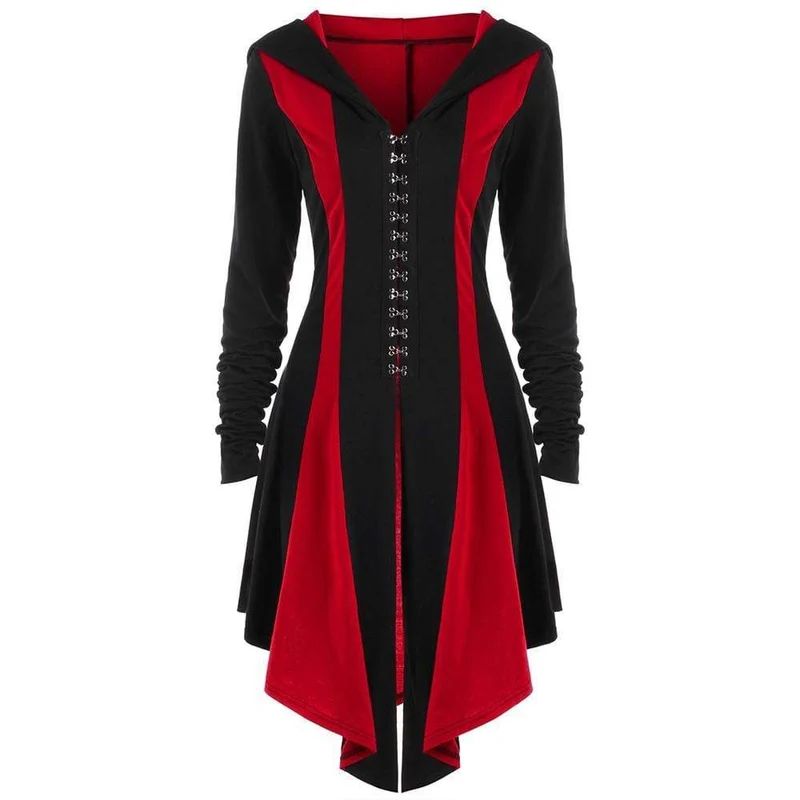 Frauen Gothic Buckles Full Sleeved Hooded unregelmäßigen Saum Strickjacke Mäntel