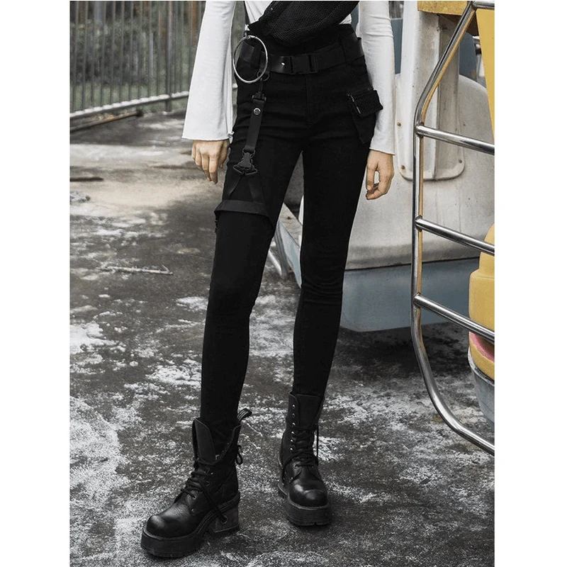 Frauen Goth hoch taillierte Träger Röhrenjeans