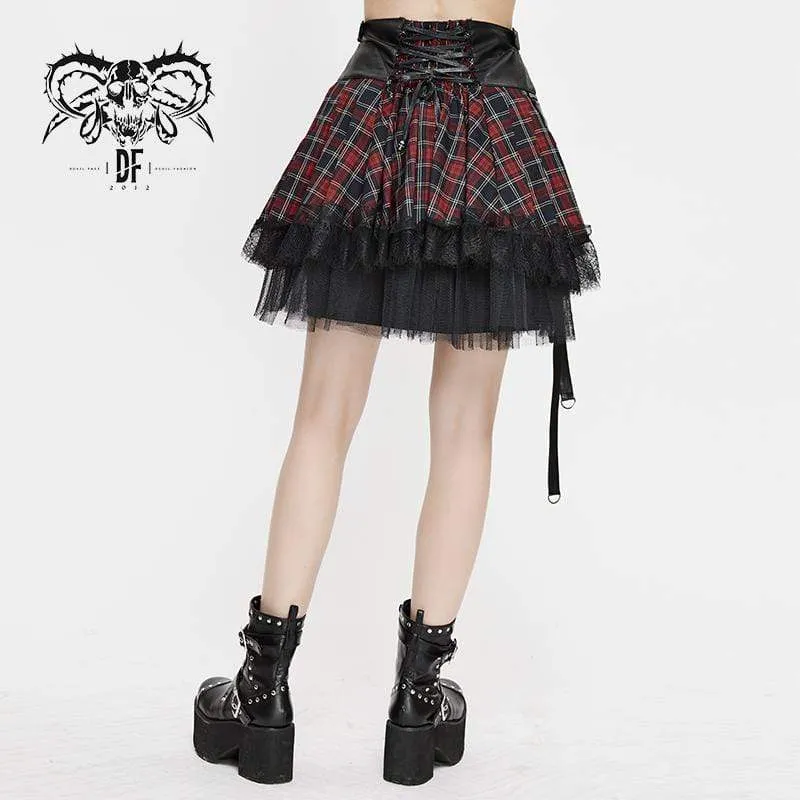 Frauen Gothic Strappy Mesh Plaid Röcke mit Ketten