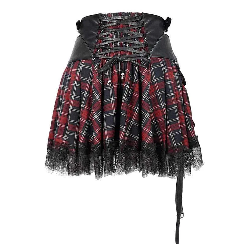 Frauen Gothic Strappy Mesh Plaid Röcke mit Ketten