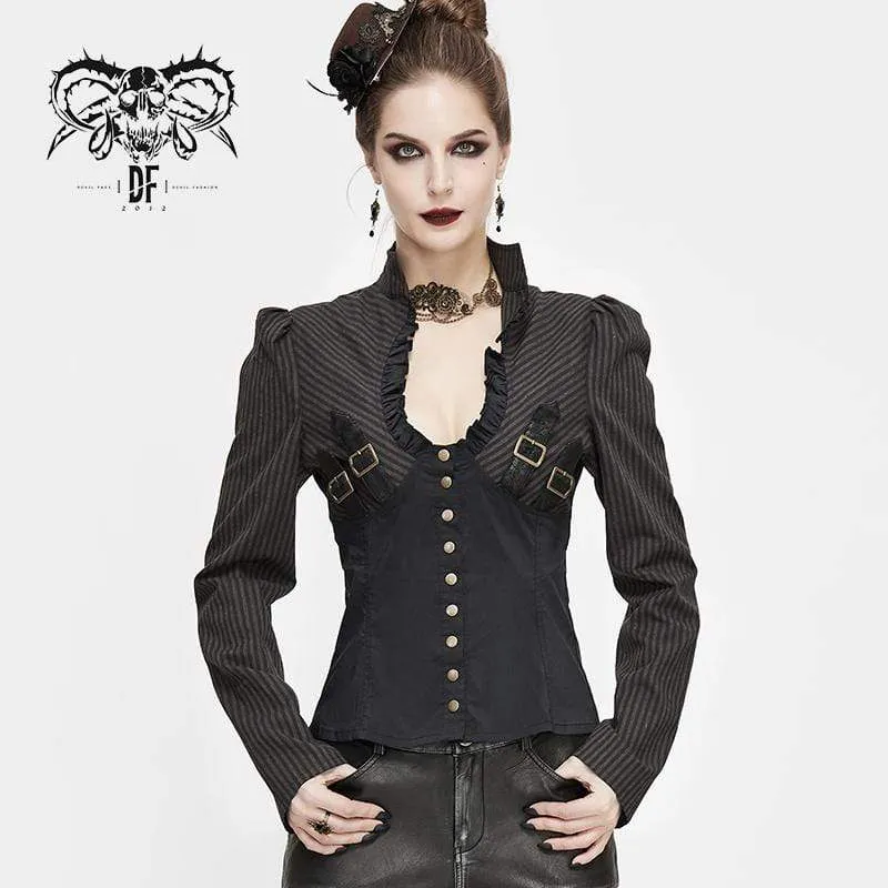 Frauen Gothic gestreiften Falbala Spleißen Kunstleder Shirts
