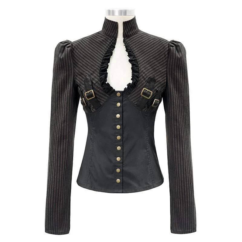 Frauen Gothic gestreiften Falbala Spleißen Kunstleder Shirts