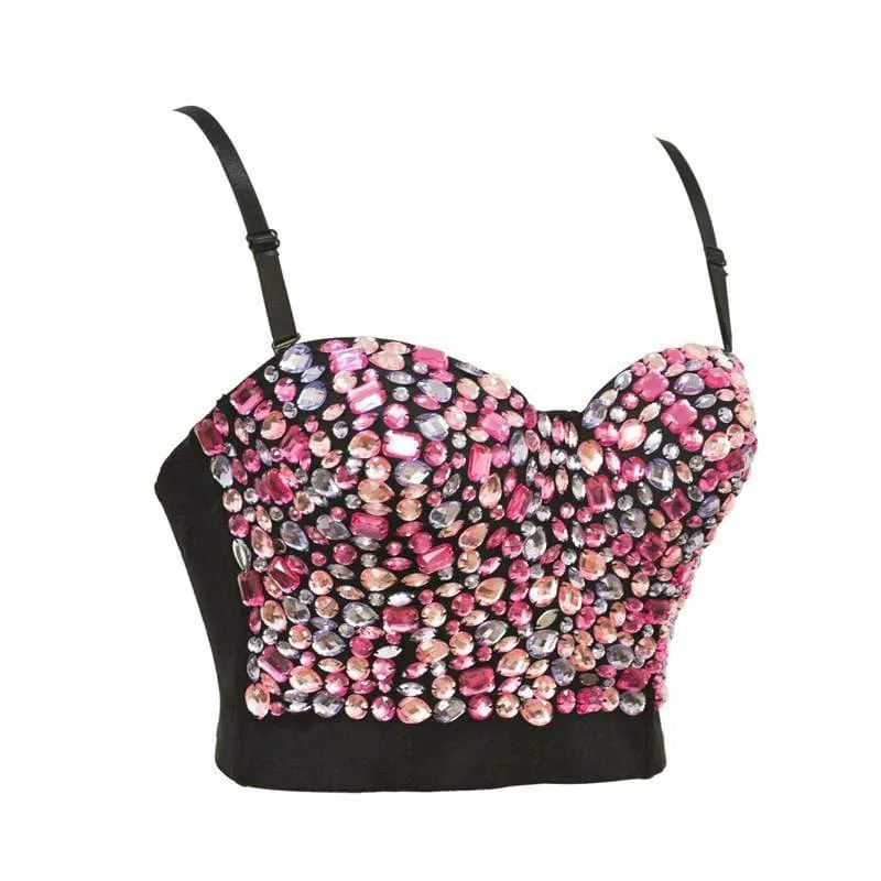 Damen Volltonfarbe Strass Perlen Push Up BH besetzt Gem Clubwear Party Bustier Crop Top