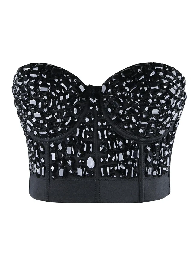Damen Punk Strass Push Up BH Clubwear Party Bustier Crop Top