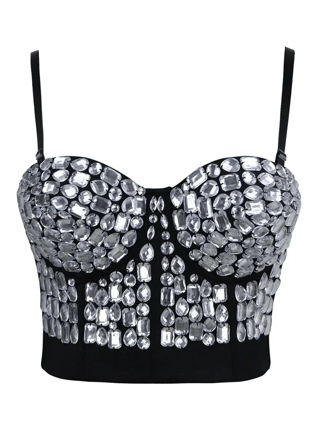 Damen Punk Strass Push Up BH Clubwear Party Bustier Crop Top