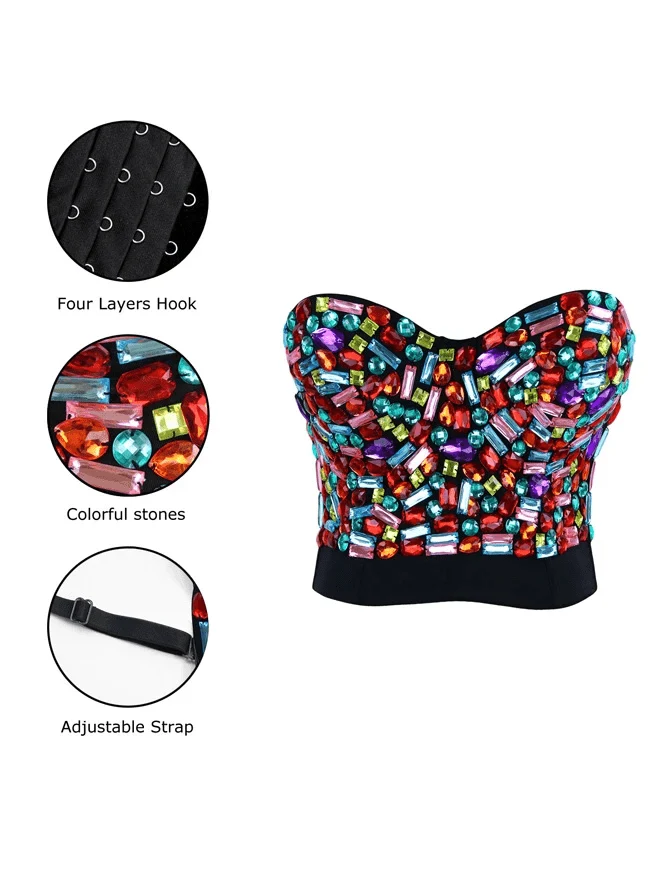 Frauen bunte Strass Push Up Bra Clubwear Party Bustier Crop Top
