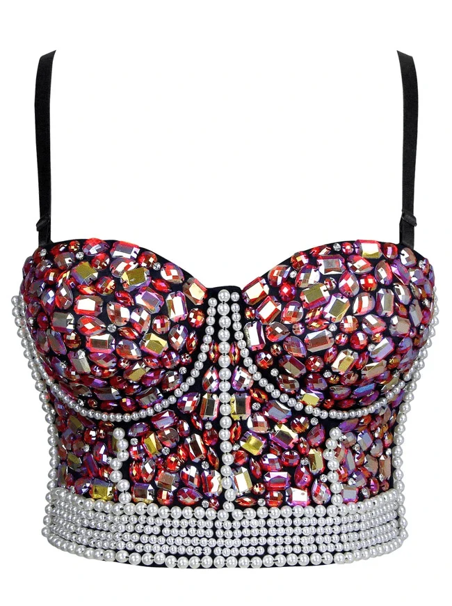 Frauen bunte Strass Perlen Push Up Clubwear Bustier Crop Top BH