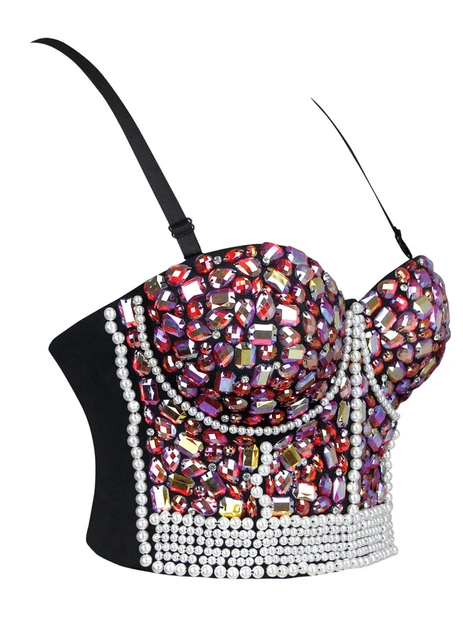 Frauen bunte Strass Perlen Push Up Clubwear Bustier Crop Top BH