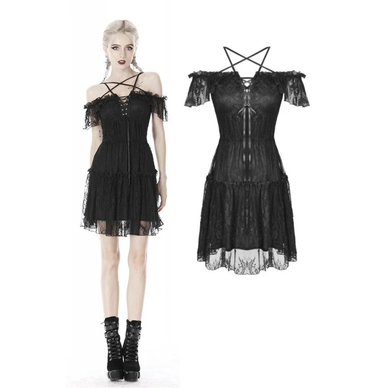 Gothic-Spitzenkleid für Damen mit Sternenmuster, kurzen Ärmeln und Abschlusskleid