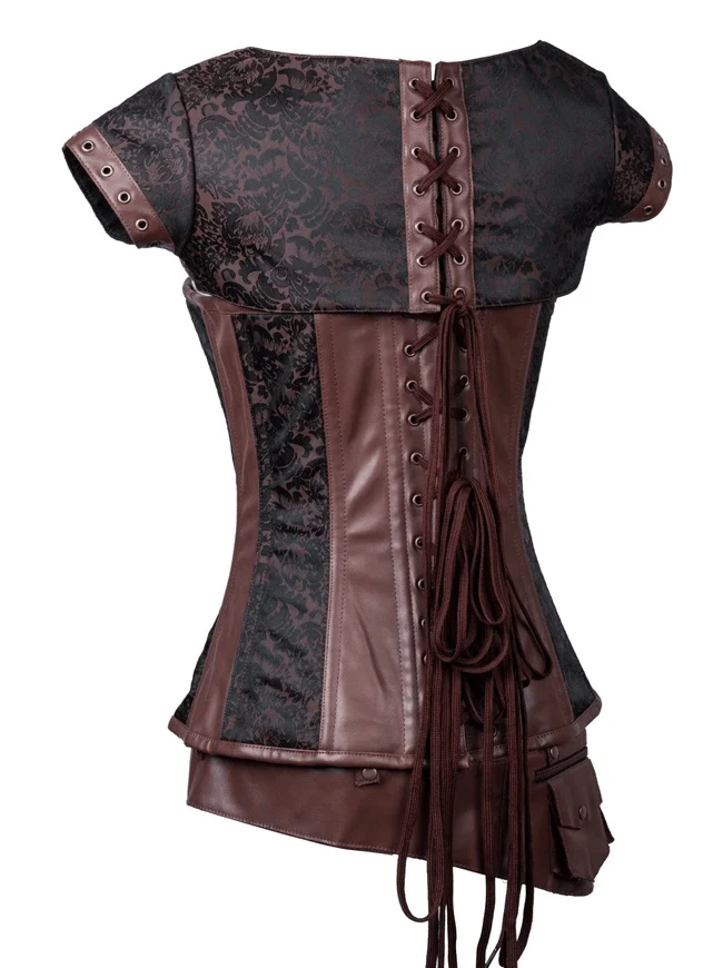 Damen Steampunk Jacquard Stahl ohne Knochen Busk Korsett mit Jacke und Gürtel