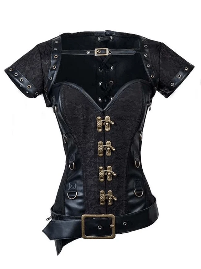 Damen Steampunk Jacquard Stahl ohne Knochen Busk Korsett mit Jacke und Gürtel