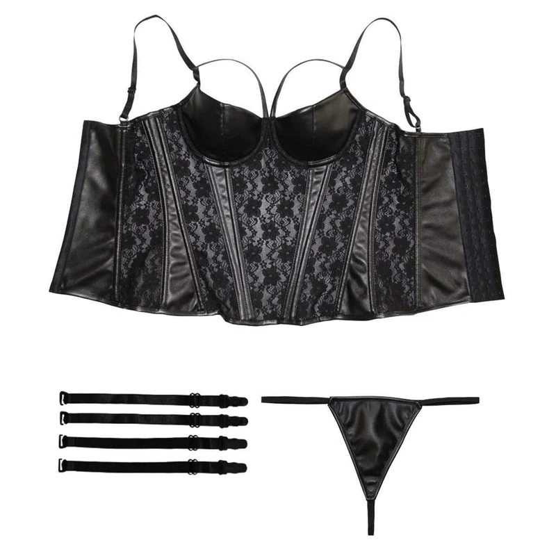Damen Steampunk Gothic Kunstleder Lace Korsett Bustier