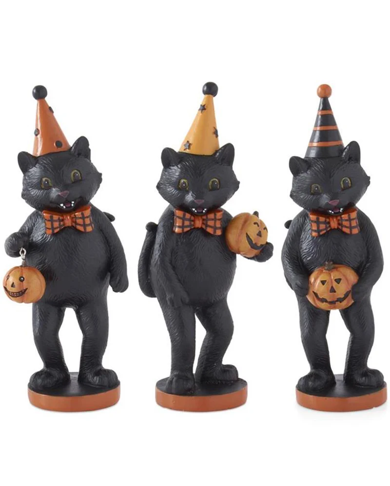 Schwarze Katze mit Kürbis & Partyhütchen 23cm