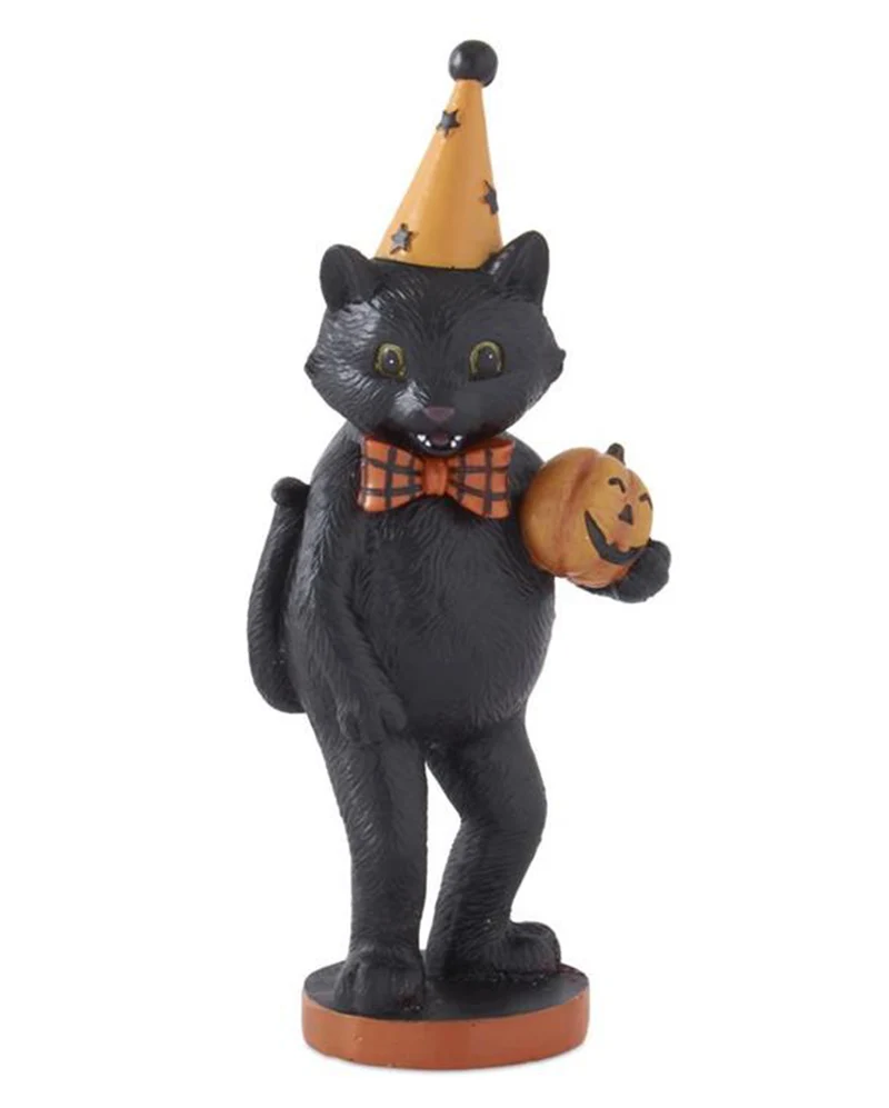 Schwarze Katze mit Kürbis & Partyhütchen 23cm
