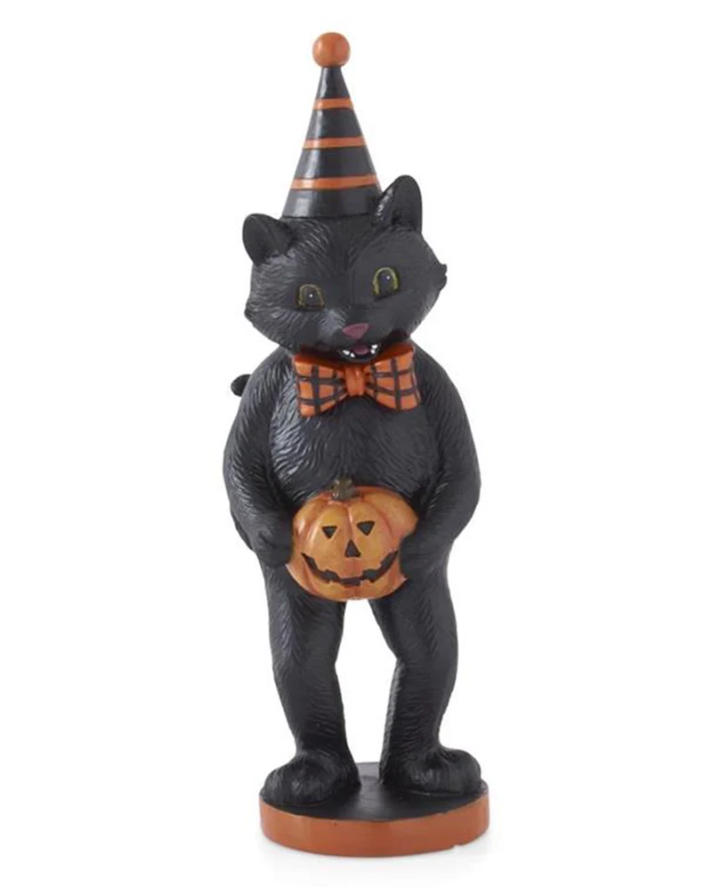 Schwarze Katze mit Kürbis & Partyhütchen 23cm