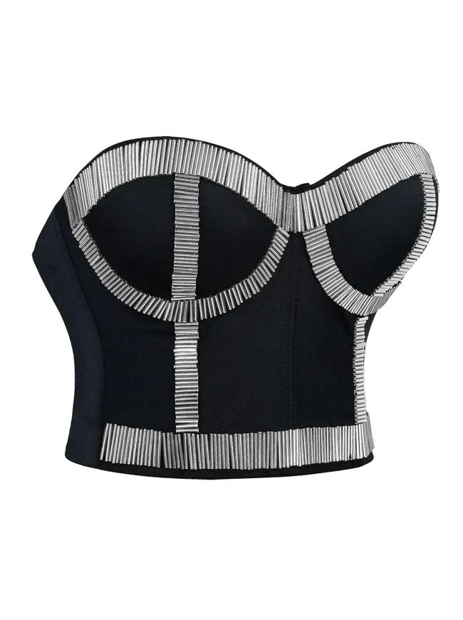 Damen Punk Metallic Stick Clubwear Party Bustier BH bauchfreies Oberteil