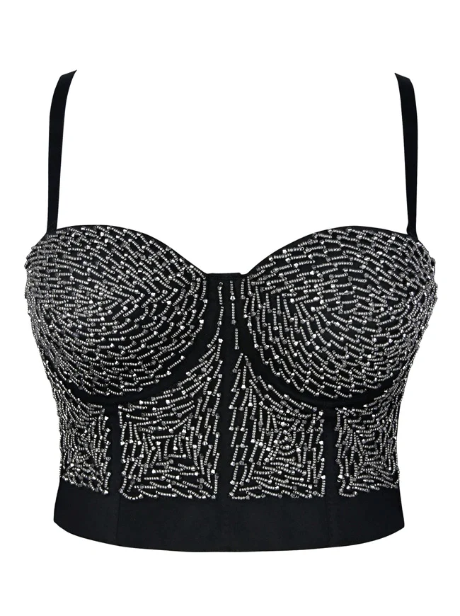 Damen Steampunk Metallic Perlen Push Up Clubwear Bustier Crop Top BH
