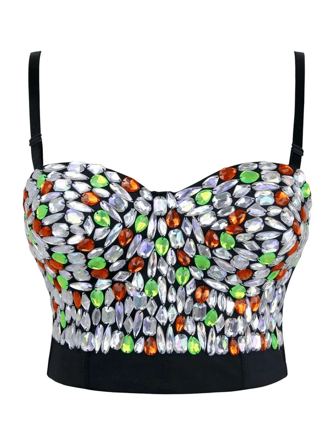 Damen Spaghettiträgern Strass Perlen Push Up BH besetzt Gem Clubwear Party Bustier Crop Top