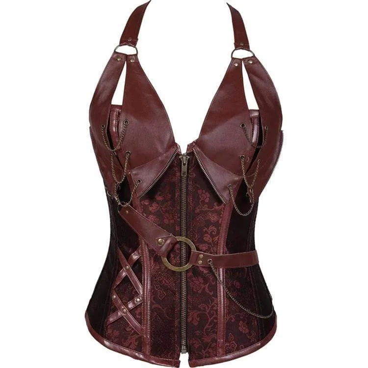 Frauen Spiral Steel Boned Steampunk Goth Halfter Leder Bustier Korsett