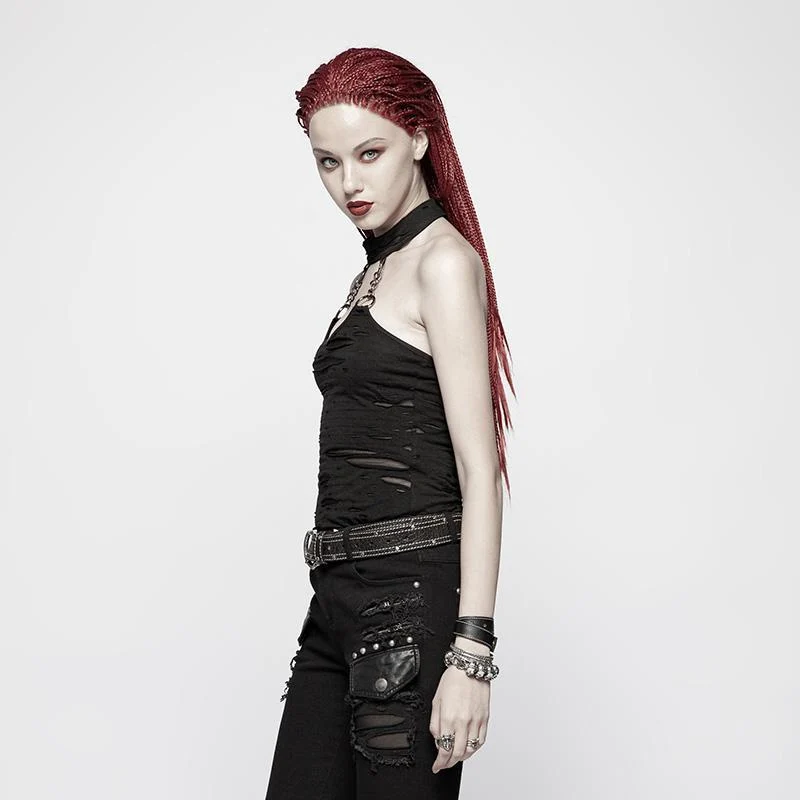 Damen Punk Halter Ripped Backless Schwarzes Top