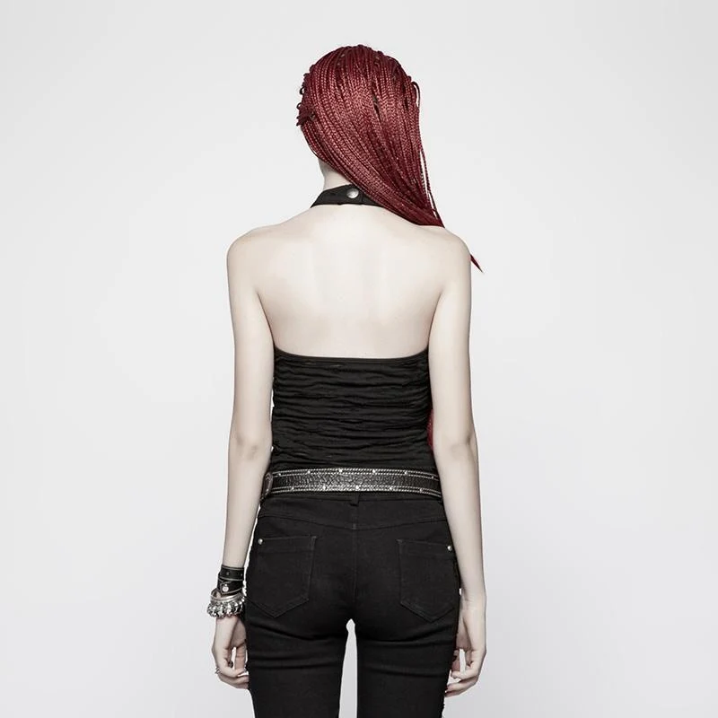 Damen Punk Halter Ripped Backless Schwarzes Top