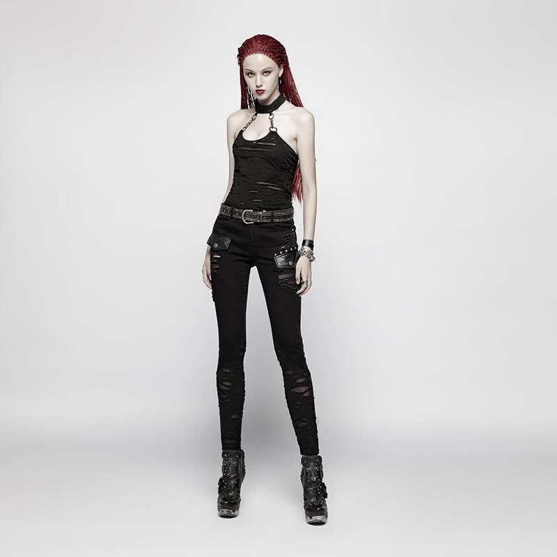 Damen Punk Halter Ripped Backless Schwarzes Top