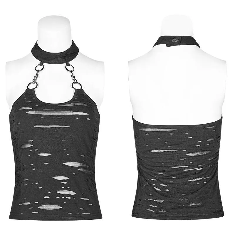 Damen Punk Halter Ripped Backless Schwarzes Top