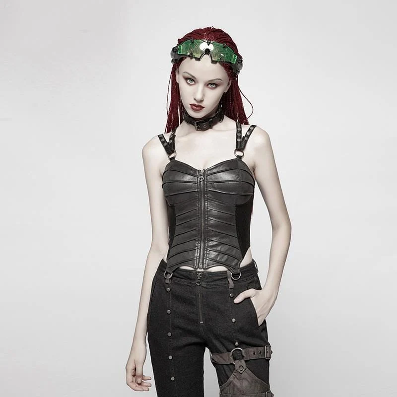 Damen Punk Kunstleder Neckholder Front Zipper Vollbrust Korsetts