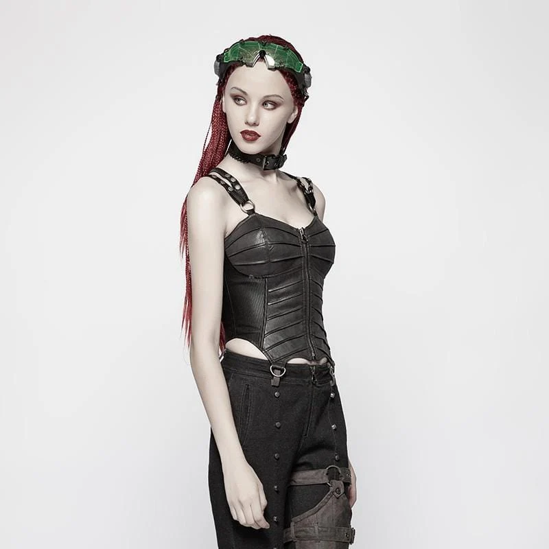 Damen Punk Kunstleder Neckholder Front Zipper Vollbrust Korsetts