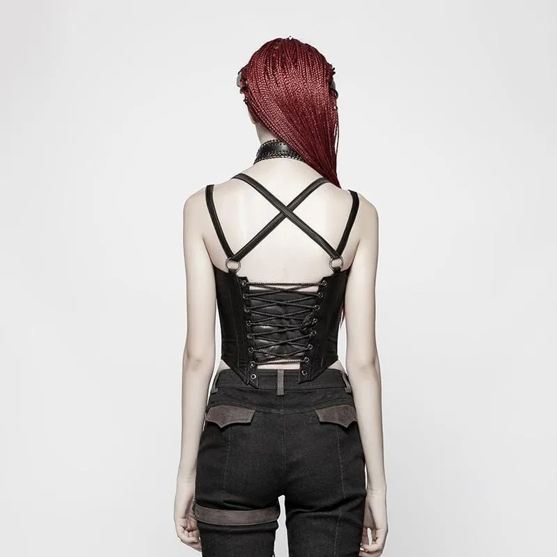 Damen Punk Kunstleder Neckholder Front Zipper Vollbrust Korsetts