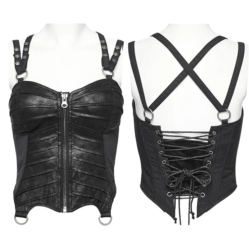 Damen Punk Kunstleder Neckholder Front Zipper Vollbrust Korsetts