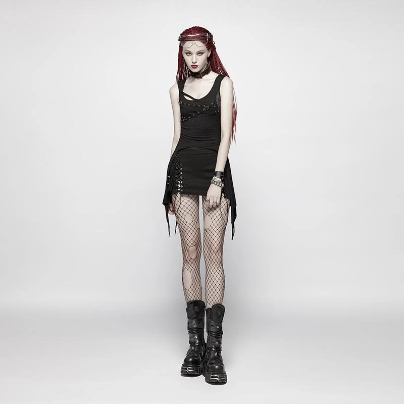 Frauen Punk Unregelmäßiger Saum Schwarz Tank Top
