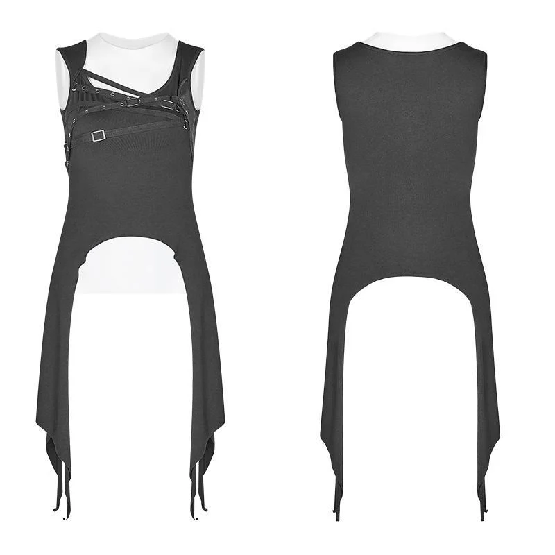 Frauen Punk Unregelmäßiger Saum Schwarz Tank Top