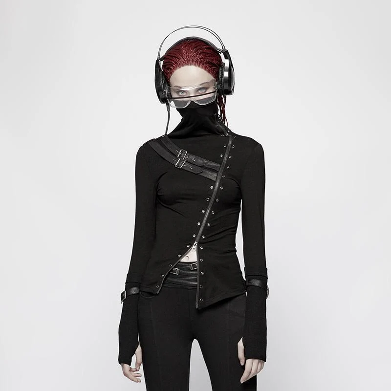 Damen Punk Turtleneck Side Zip Langarm T-Shirt mit Trägern